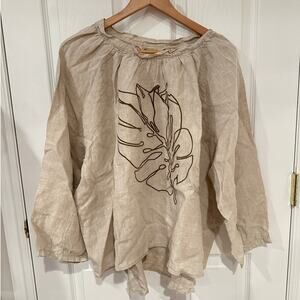 Buykud 2XL Linen Blouse Beige Long‎ Sleeve Embroidered Leaf Oversized Boho Top